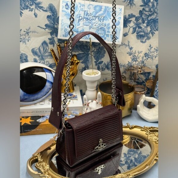 🆕 VIVIENNE WESTWOOD 🧿 NWT Small Burgundy Croc-Embossed Hazel Bag, AUTHENTIC - Picture 3 of 16